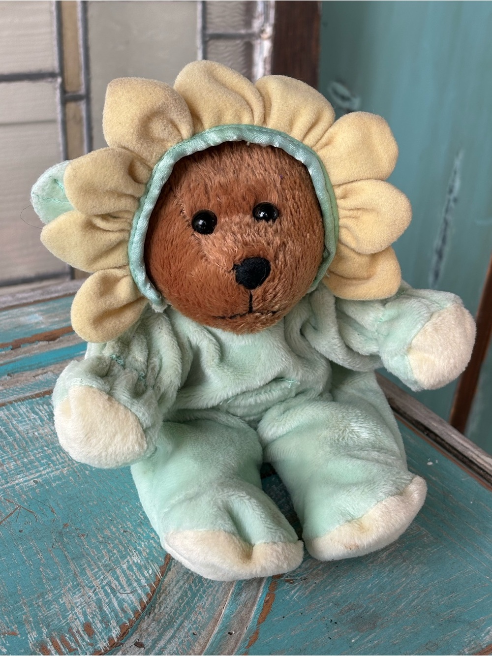 Vintage G.A.C. 1999 Plush Sunflower Teddy Bear Mint Green & Yellow